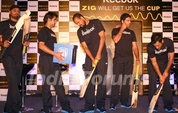 Cricketers Harbhajan Singh, Yusuf Pathan, Gautam Gambhir, Yuvraj Singh and M S Dhoni at a promotional event in New Delhi on Wed 2 Feb 2011. .