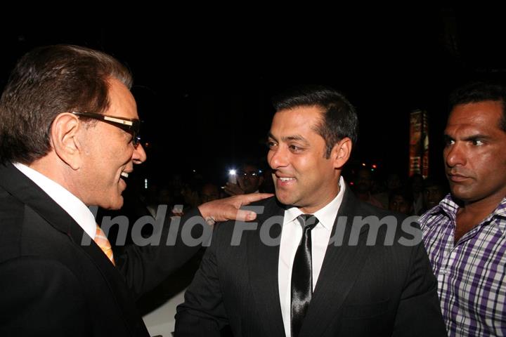 Dharmendra and Salman Khan at Dev Anand’s old classic film “Hum Dono” premiere at Cinemax Versova