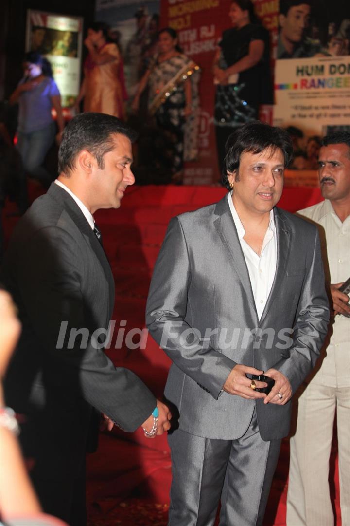 Salman Khan and Govinda at Dev Anand’s old classic film “Hum Dono” premiere at Cinemax Versova