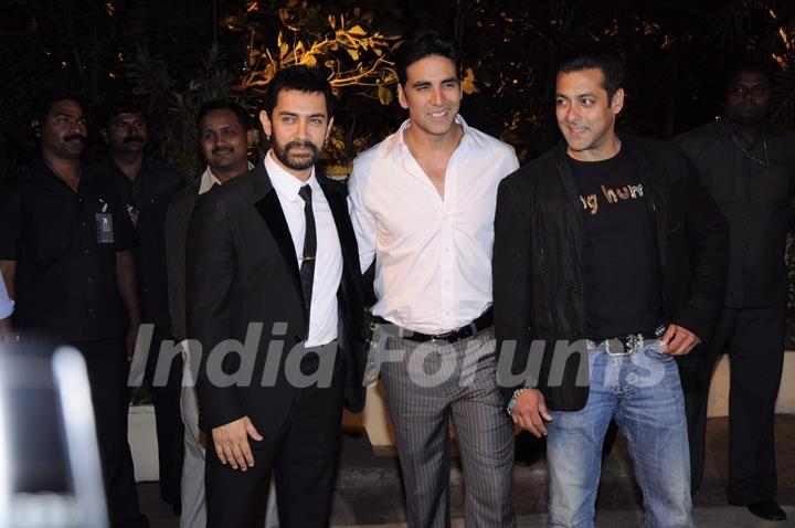 Aamir Khan, Akshay Kumar and Salman Khan at Imran Khan and Avantika Malik's Wedding Reception Party at Taj Land's End. .