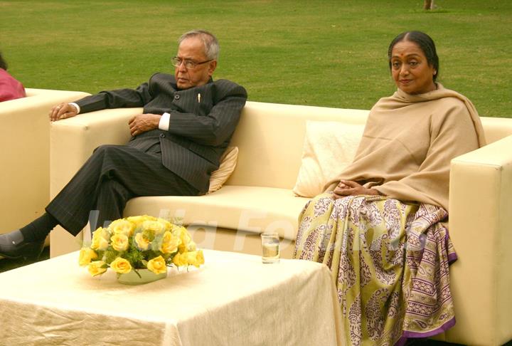 Lok Sabha Speaker Meira Kumar and Union Finance Minister Pranab Mukherjee during a meeting with political leaders in New Delhi on Mon. .