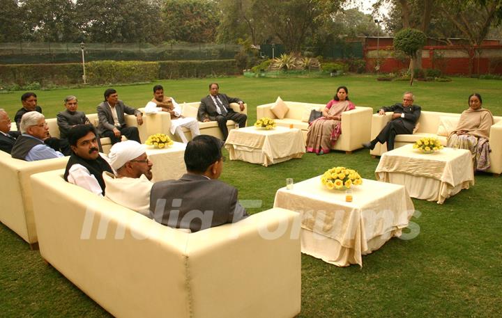 Lok Sabha Speaker Meira Kumar and Union Finance Minister Pranab Mukherjee during a meeting with political leaders in New Delhi on Mon. .