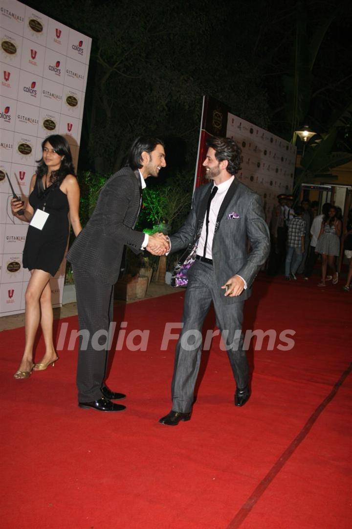 Ranveer Singh with Hrithik at Global Indian film and Television awards at Yash Raj studios in Mumbai