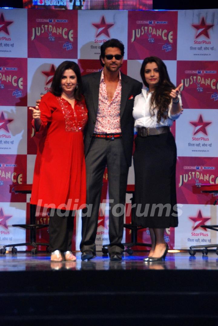 Hrithik Roshan, Farah Khan and Vaibhavi Merchant at the launch of Just Dance Show at Filmistan. .