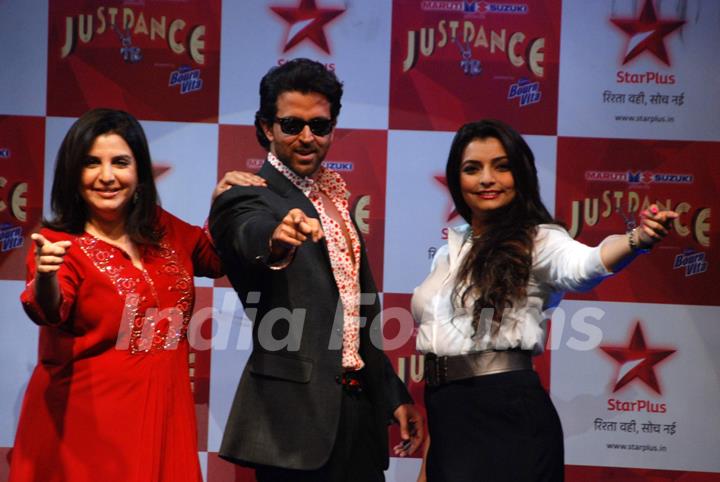 Hrithik Roshan, Farah Khan and Vaibhavi Merchant at the launch of Just Dance Show at Filmistan. .