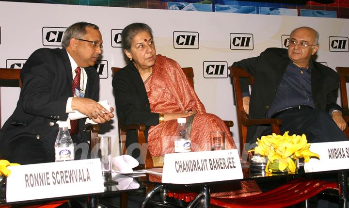 New Delhi,18 Feb 2011-I&B Minister Ambika Soni with CII Director General Chandrajit Banerjee and Chairman Reliance BIG Entertainment Amit Khanna  at the CII Content Summit ''Adapting from Wired to Wireless' in New Delhi. .