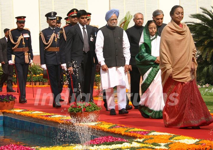 President Pratibha Patil, Prime Minister Manmohan Singh, Lok Sabha Speaker Meira Kumar and Parliamentary Affairs Minister Pawan K Bansal, at the beginning of the Budget session, in New Delhi