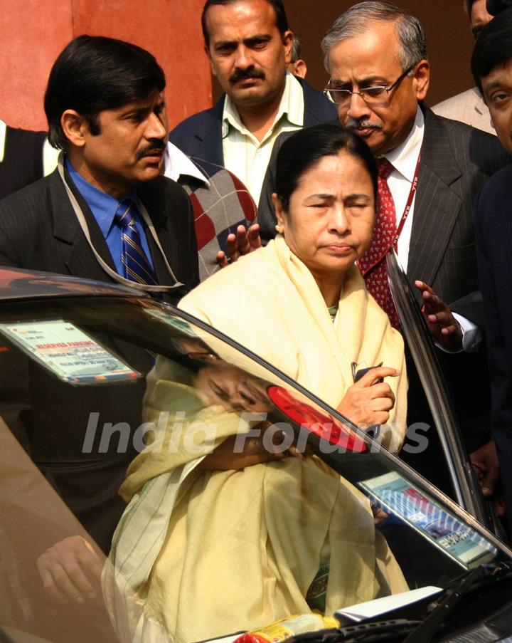 Union Minister for Railways, Mamata Banerjee departs from Rail Bhavan to Parliament House, to present the Rail Budget 2011-12, in New Delhi on Friday 25 Feb 2011. .