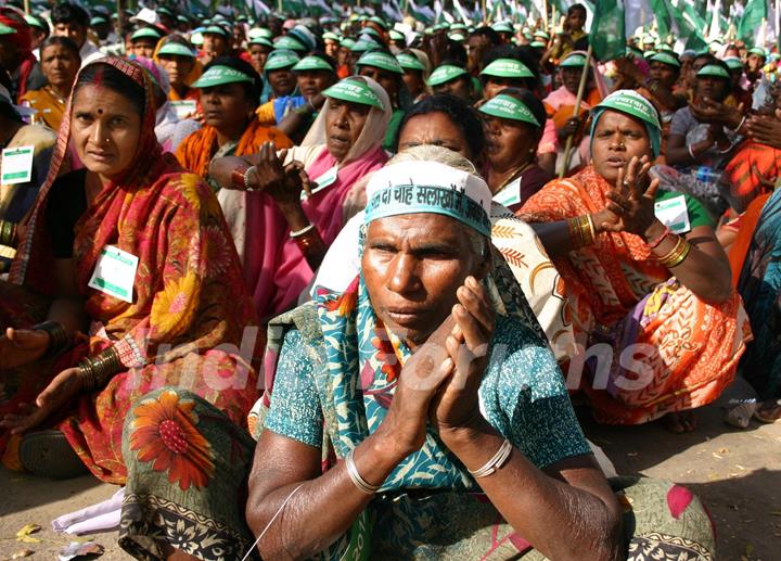 Landless Women from rural India demanding substantial progress towards equitable land distribution on the eve of International Women's, at Parliament Street in New Delhi on Monday. .