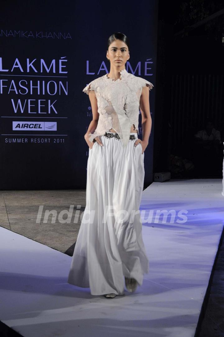 A model on day 1 Lakme Fashion Week for designer Anamika Khanna. .