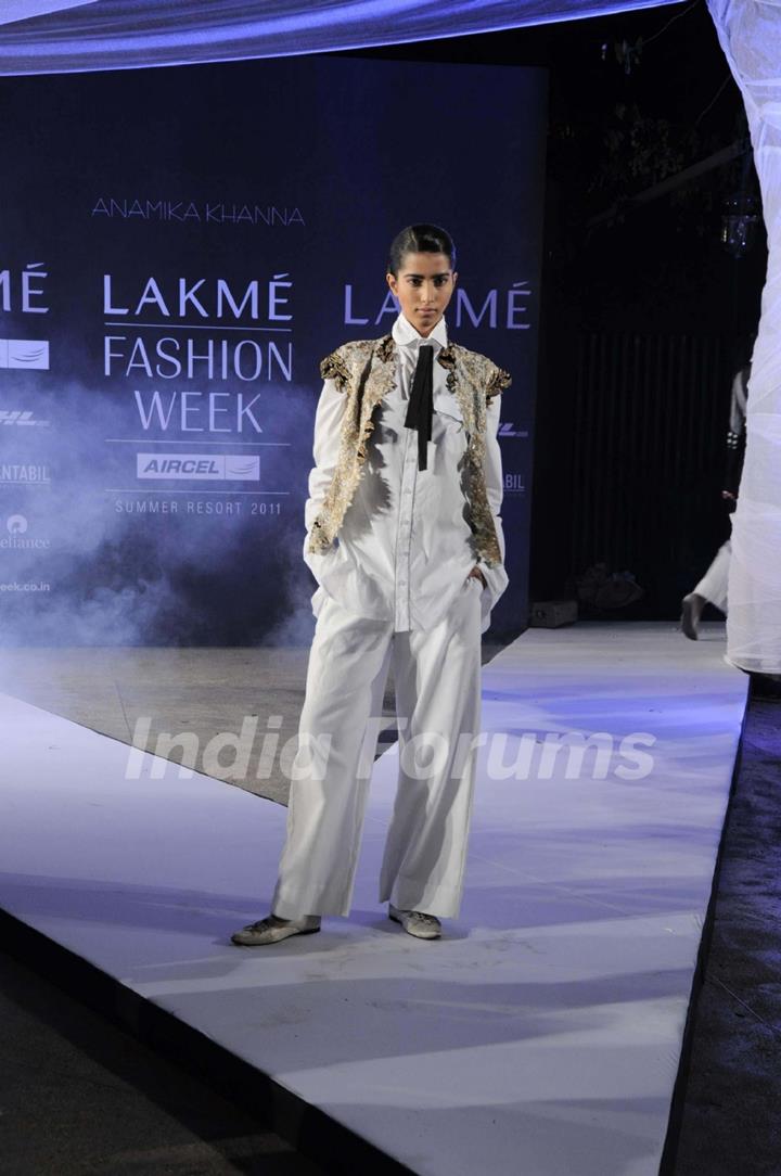 A model on day 1 Lakme Fashion Week for designer Anamika Khanna. .