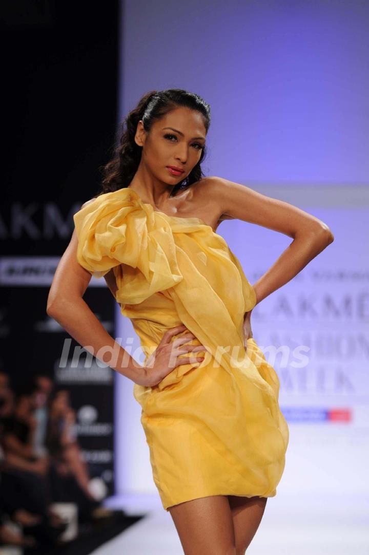 A model displays designer Jatin Varma's creations during the Lakme Fashion Week day 2 in Mumbai. .