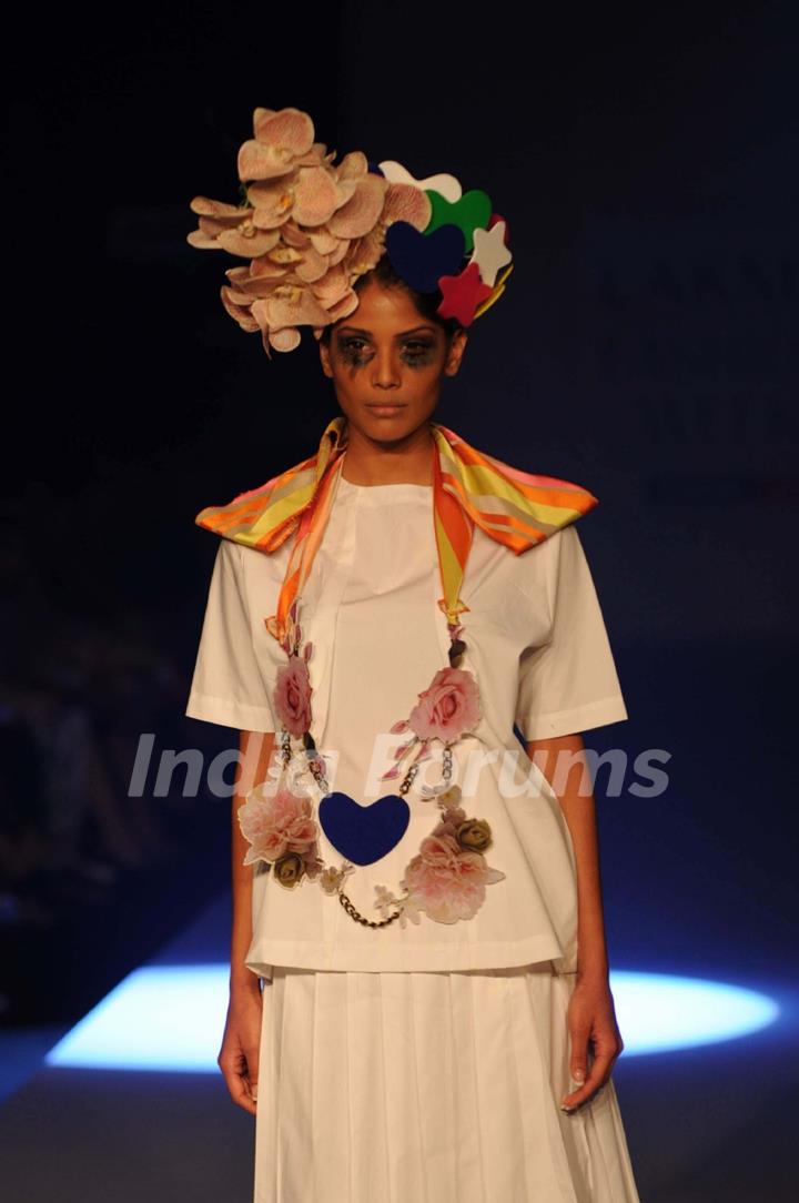 A model displays designer Little Shilpa's creations during the Lakme Fashion Week day 2 in Mumbai. .