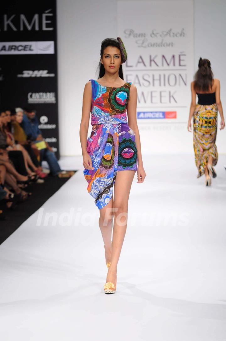 A model walks the runway at Pam & Arch London show at Lakme Fashion Week day 2 in Mumbai. .
