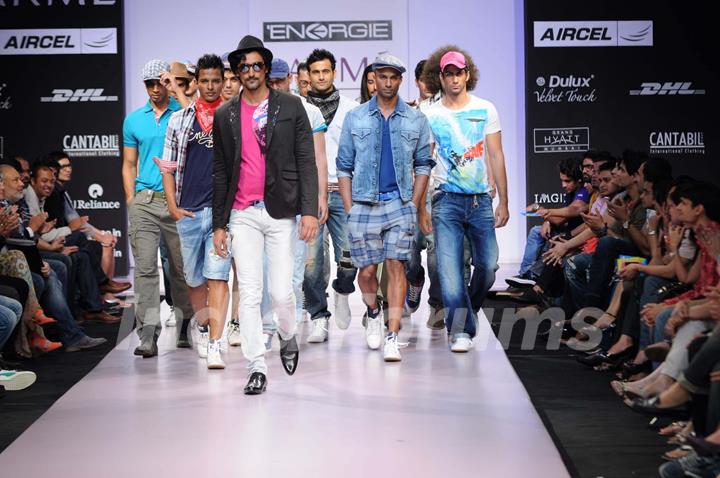 Models walks the runway at the Energie show at Lakme Fashion Week day 2 in Mumbai. .