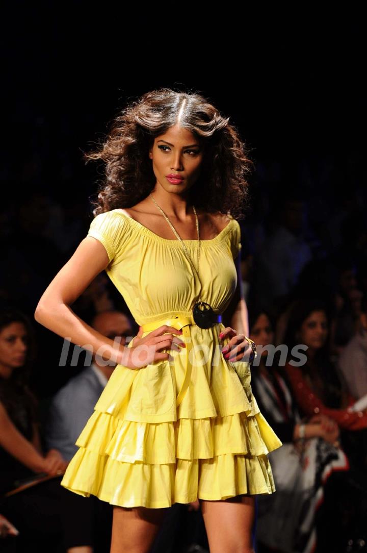 A model displays designer Rocky S's creations during the Lakme Fashion Week day 4 in Mumbai. .