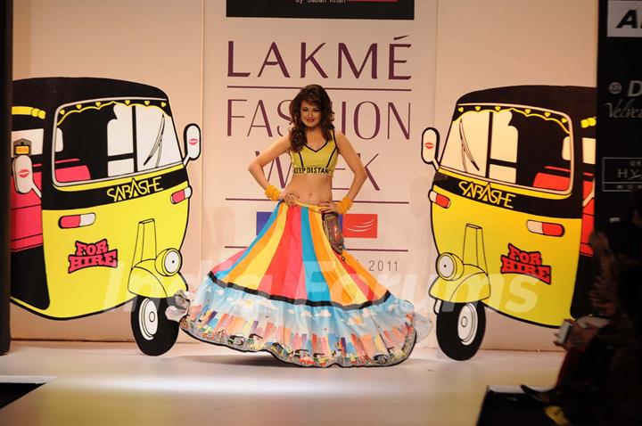 A model displays designer Sabashe by Sabah Khan's creations during the Lakme Fashion Week day 4 in Mumbai. .