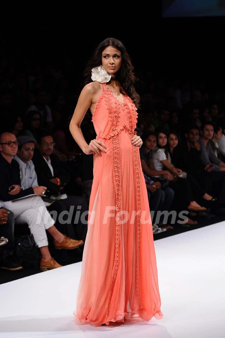 A model displays designer pallavi mohan's creations during the Lakme Fashion Week 2011 Day 5 in Grand Hyatt, Mumbai. .