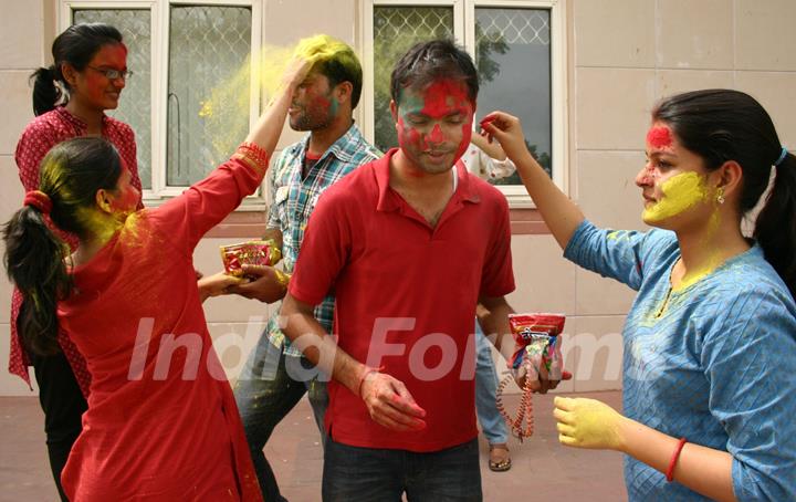 Students playing &quot;Holi&quot; at IGNOU Campus in New Delhi