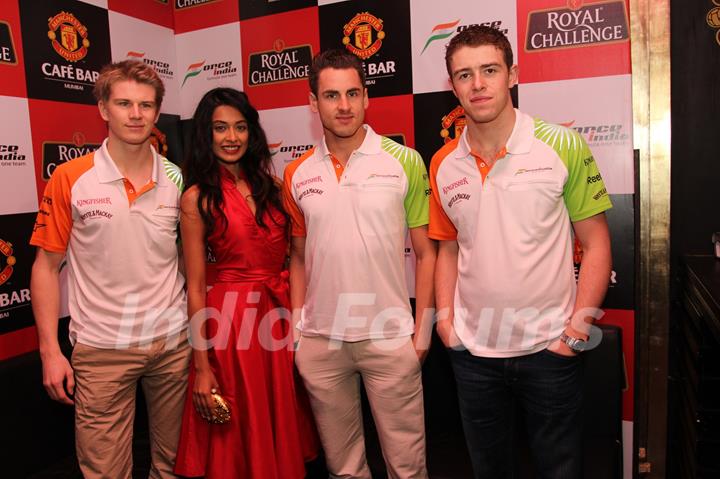 Nico Hulkenberg, Actress Sarah Jane Dias, Adrian Sutil & Paul di Resta at Force India Press Conference. .