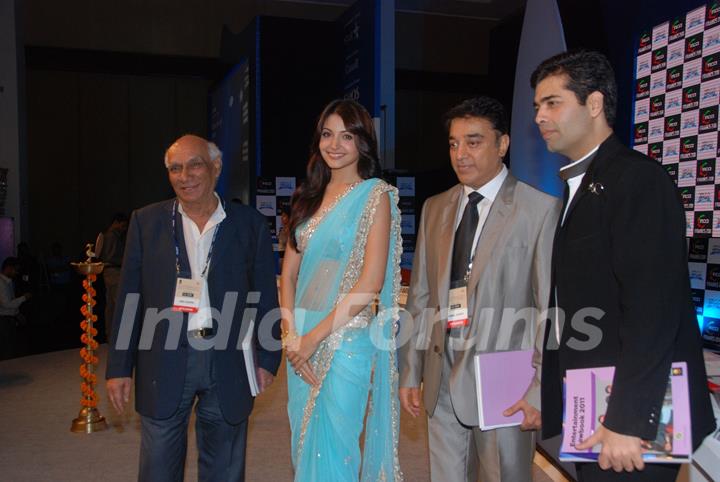 Yash Raj Chopra, Anushka Sharma, Kamal Haasan and Karan Johar at FICCI-FRAMES Inauguration in Renaissance, Powai, Mumbai. .