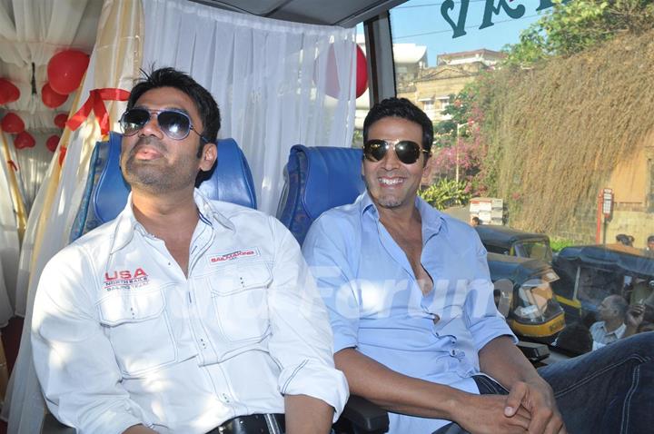 Sunil Shetty and Akshay Kumar during the promotion of their film 'Thank You'