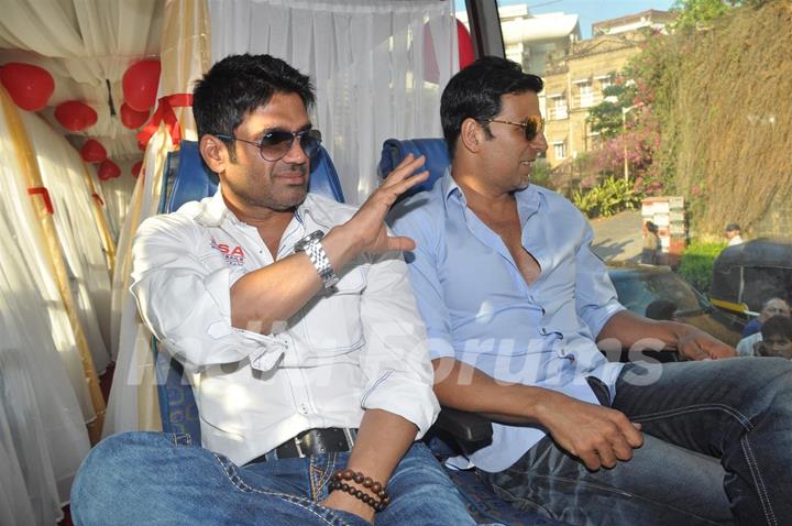 Sunil Shetty and Akshay Kumar during the promotion of their film 'Thank You'