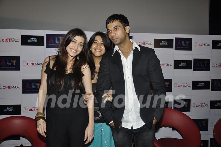 Ekta Kapoor with Raj and Kainaz at first look launch of Ragini MMS at Cinemax, Mumbai