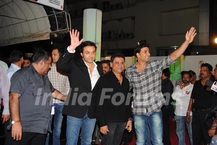 Anees Bazmee with Akshay and Bobby at Premiere of Thank You movie at Chandan, Juhu, Mumbai