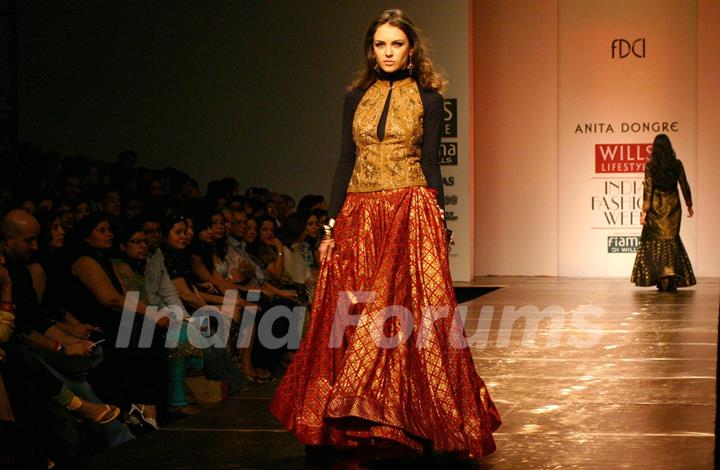 A model showcasing designer Anita Dongre's creation at the Wills Lifestyle India Fashion Week autumn winter 2011,in New Delhi on Sunday. .