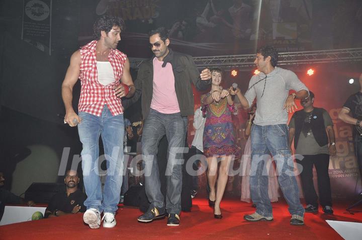 Hrithik Roshan, Farhan Akhtar, Kalki Koechlin and Abhay Deol during the music launch of their upcoming movie 'Zindagi Na Milegi Dobara' at Nirmal Lifestyle, Mulund in Mumbai