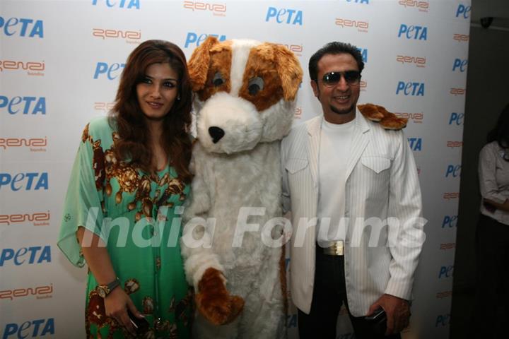 Raveena Tandon and Gulshan Grover unveil homeless dog adoption campaign ad of PETA at Zenzi Resto-Bar in Bandra, Mumbai