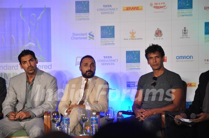 John, Rahul and Milind during the launched of registrations for Mumbai Marathon 2012 categories of 9th Edition at Trident Hotel