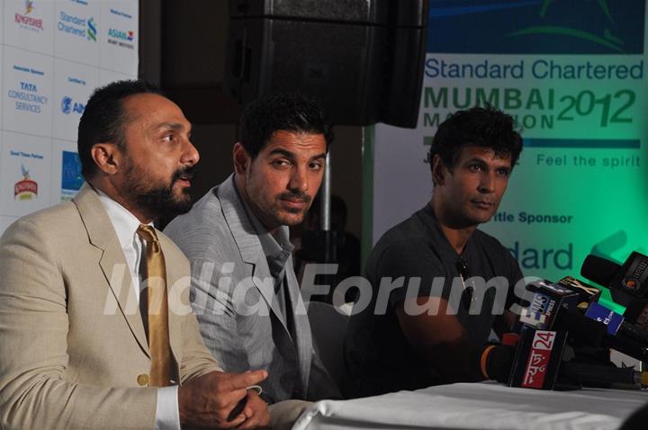 John, Rahul and Milind during the launched of registrations for Mumbai Marathon 2012 categories of 9th Edition at Trident Hotel