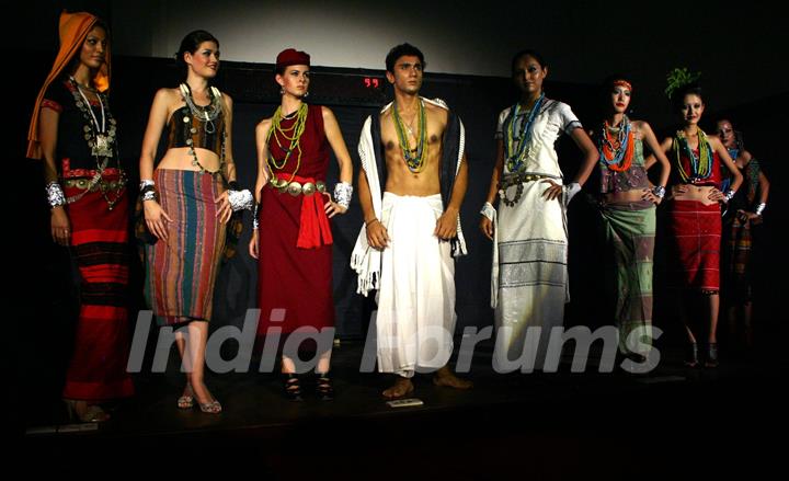 Models showcasing designer Duo Yana Ngoba's ''Tribal-Western'' fusion collections at  Arunachal Pradesh House ,in New Delhi on Sunday. .