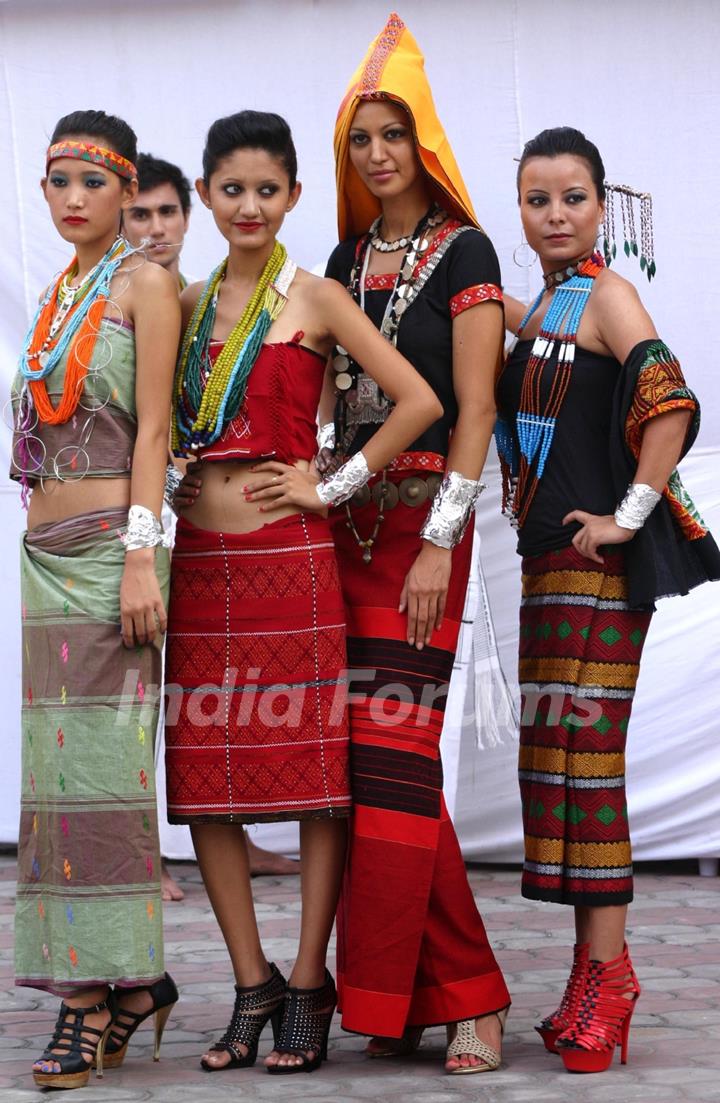 Models showcasing designer Duo Yana Ngoba's ''Tribal-Western'' fusion collections at  Arunachal Pradesh House ,in New Delhi on Sunday. .