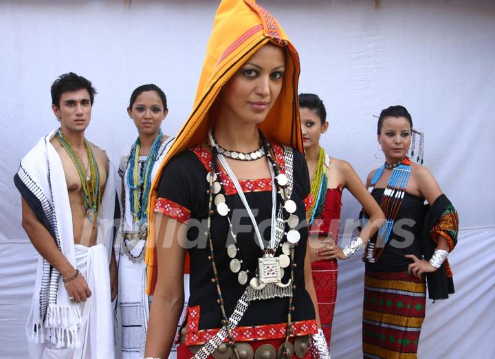 Models showcasing designer Duo Yana Ngoba's ''Tribal-Western'' fusion collections at  Arunachal Pradesh House ,in New Delhi on Sunday. .