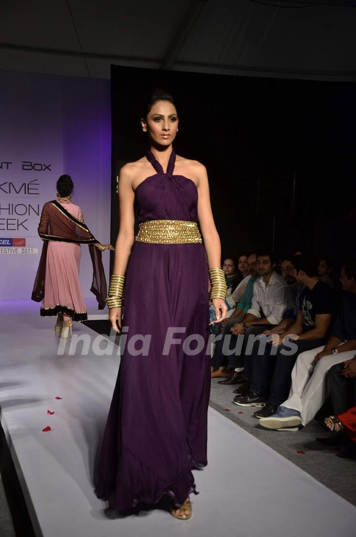 Models display creations by designer Shama Sikander during Lakme Fashion Week Day 4 in Mumbai. .