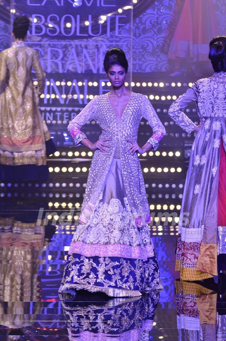 Model showcase creation by designer Manish Malhotra during the Lakme Fashion Week Day 5 in Mumbai. .