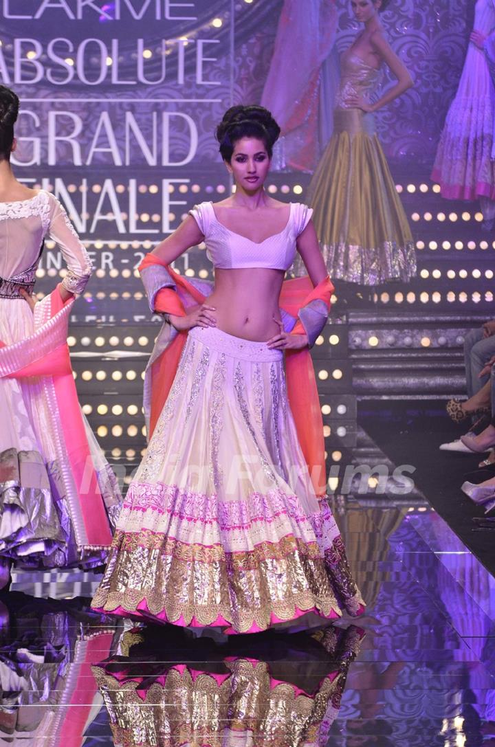 Model showcase creation by designer Manish Malhotra during the Lakme Fashion Week Day 5 in Mumbai. .