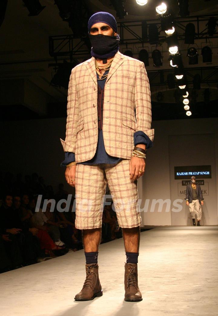 A model showcasing designer Rajesh Pratap Singh's creation at the Van Heusen India Mens Week 2011, in New Delhi on Saturday. .