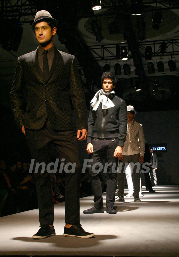 Models showcasing designer Abhishek Gupta's creations at the Van Heusen India Mens Week 2011, in New Delhi on Saturday. .