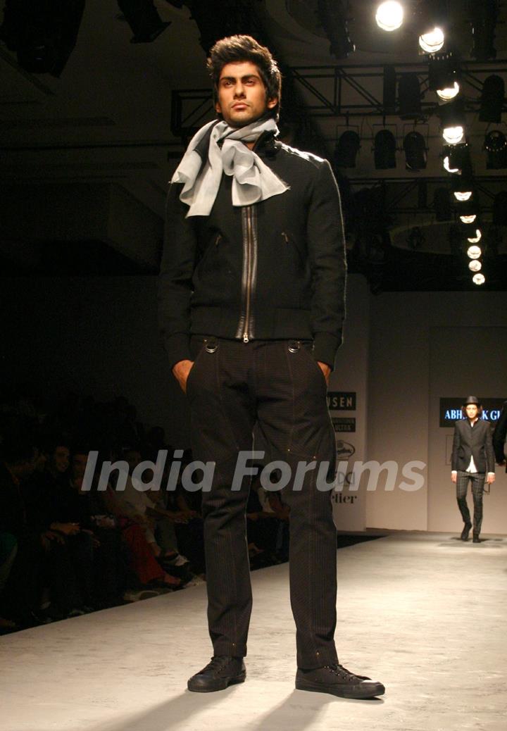 A model showcasing designer Abhishek Gupta's creation at the Van Heusen India Mens Week 2011, in New Delhi on Saturday. .