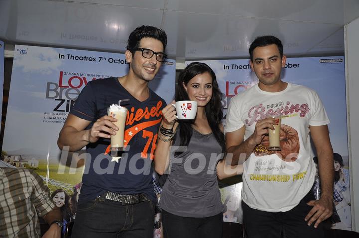 Dia Mirza, Zayed Khan and Cyrus Sahukar launch LBZ coffee at Cafe Coffee Day Bandra, Mumbai