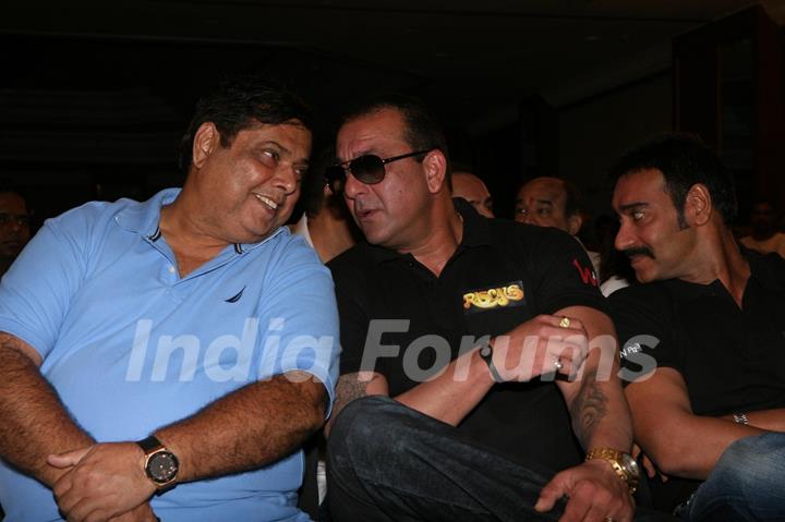 Sanjay Dutt, Ajay Devgn and David Dhawan at Film 'Rascals' music launch at Hotel Leela in Mumbai