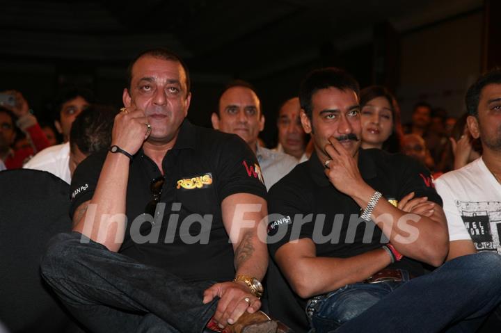 Sanjay Dutt and Ajay Devgn at Film 'Rascals' music launch at Hotel Leela in Mumbai