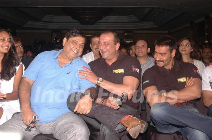 Sanjay Dutt, David Dhawan & Ajay Devgn at the press meet of the film Rascals