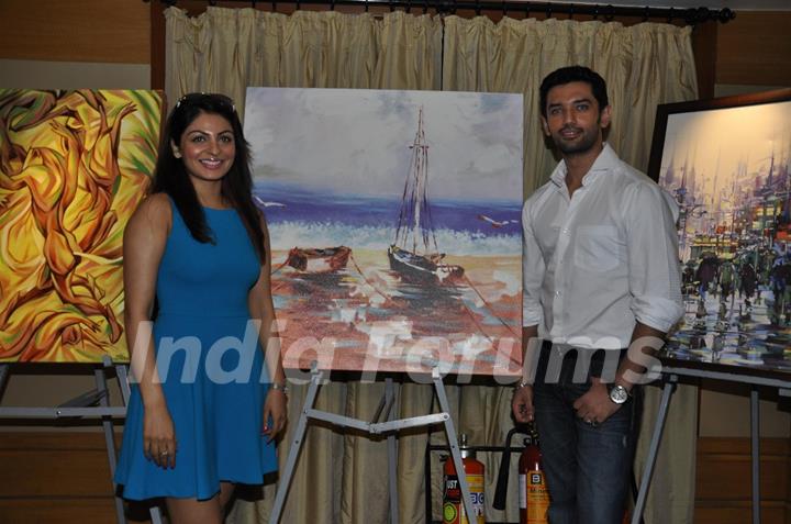 Chirag Paswan & Neeru Bajwa poses during an Art Exhibition at Vivanta by Taj in Mumbai