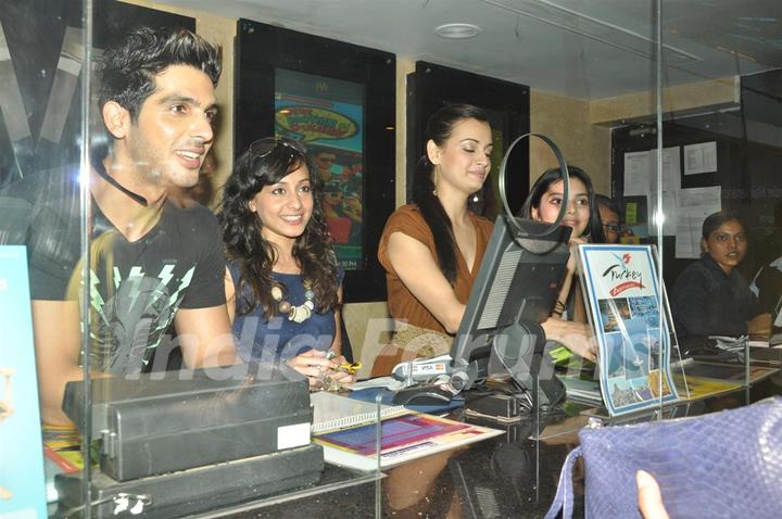 Zayed Khan, Dia Mirza with cast sales ticket of film 'Love Breakups Zindagi' at box office