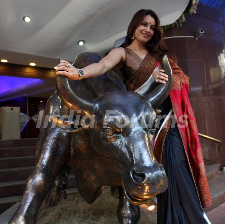 Mahima Chaudhary poses with a bronze statue of a bull after taking part in the Diwali Muhurat Tradin